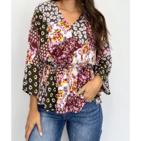 Andree By Unit Blouse Women’s S Dolman Sleeve Floral Patchwork Romantic - Picture 1 of 4